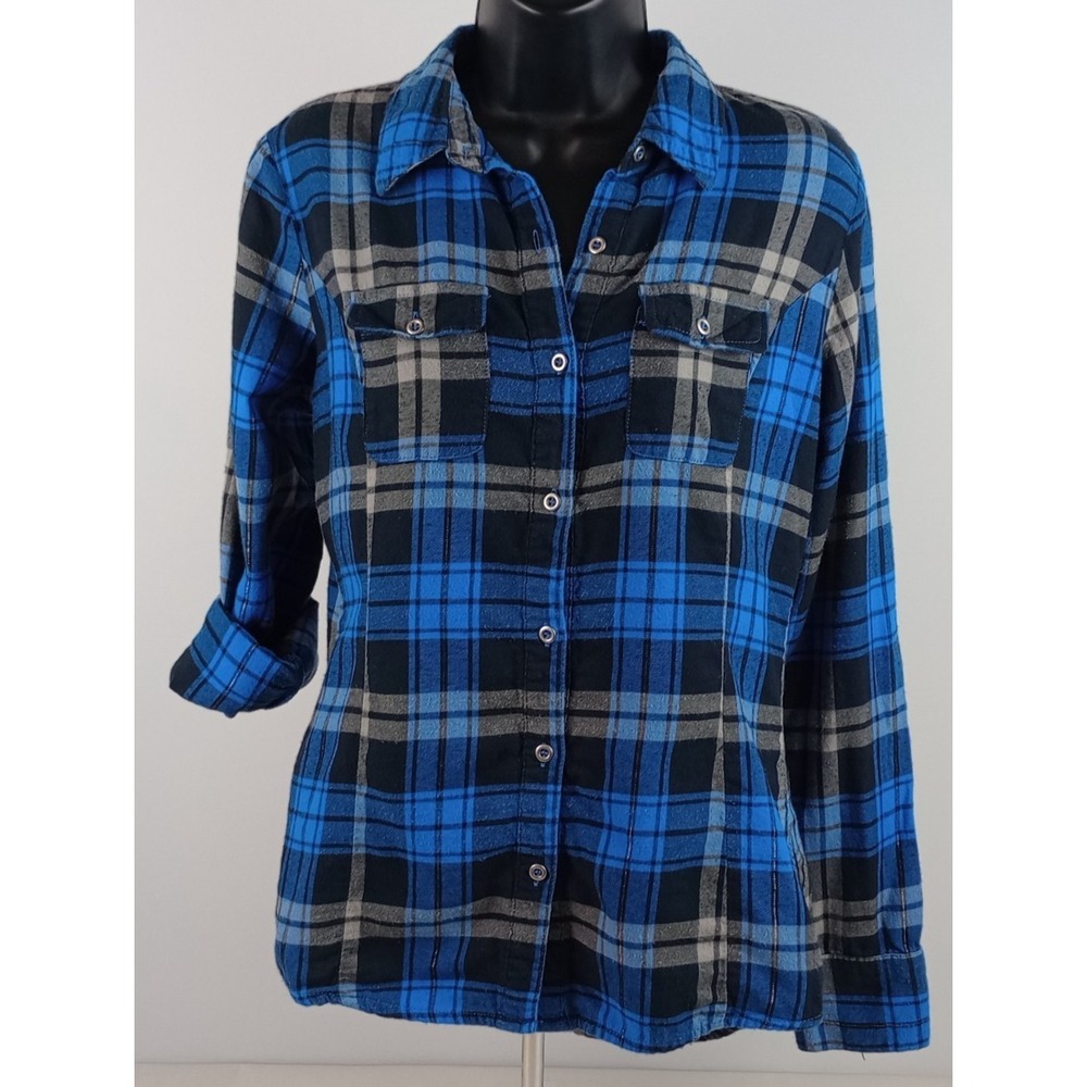 Maurices Womens S Black Blue Plaid Button Up Swiss Tab Long Sleeve Flannel Shirt